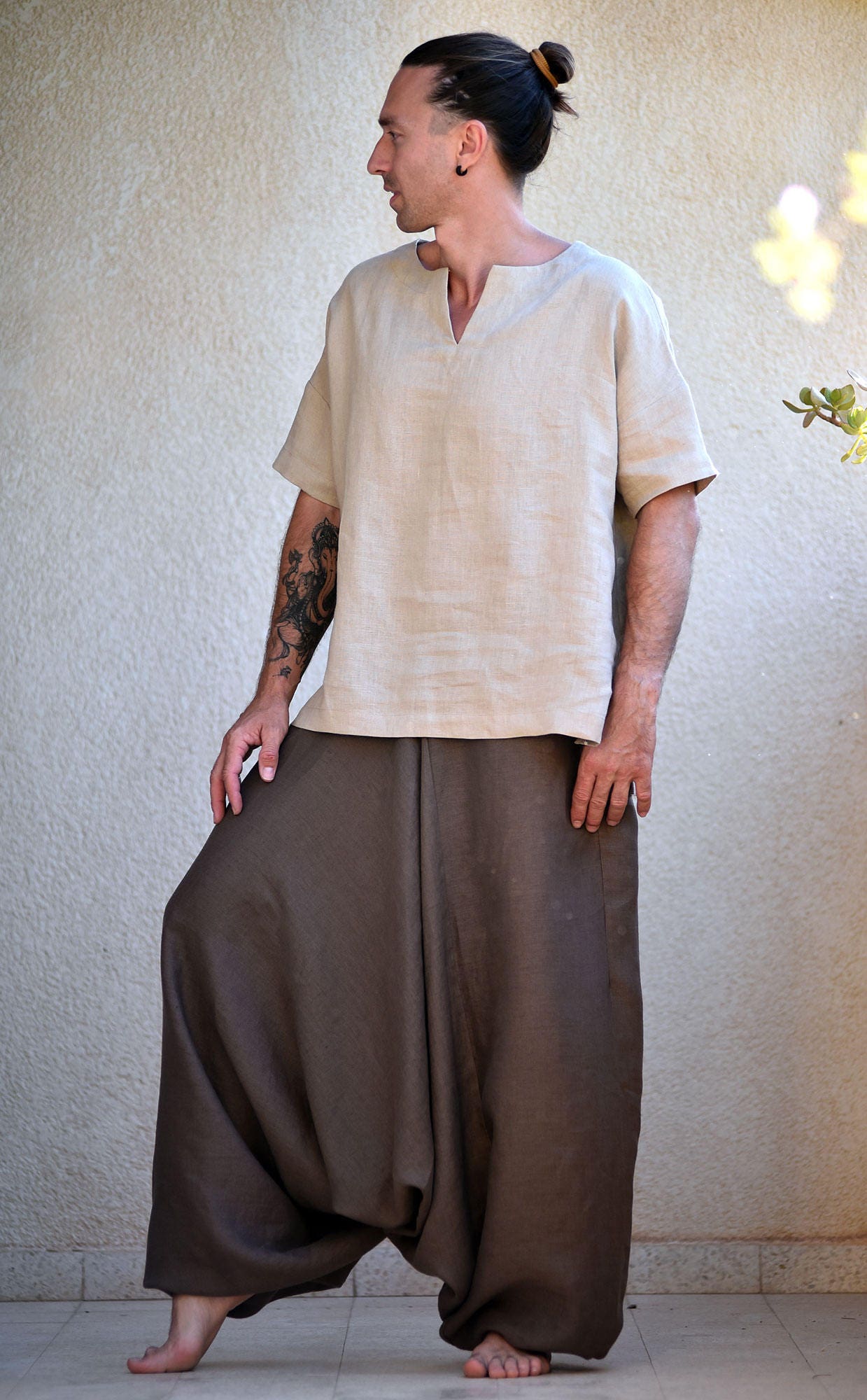 Washed Linen Harem Pants, Custom Made Flax Sarouel Homme, Big