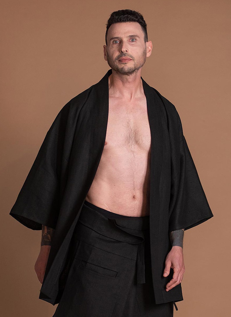 Black Linen Haori Japanese Kimono Jacket for Men image 10