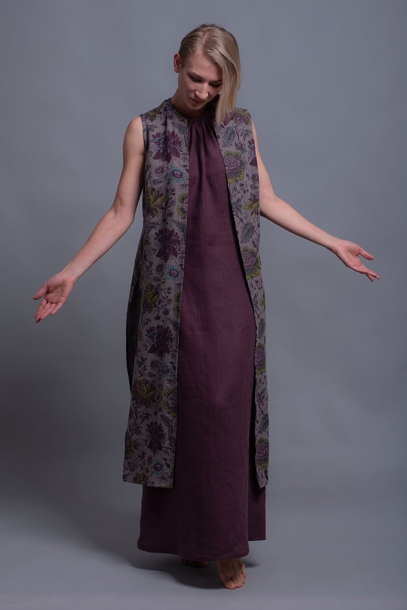 GAYA Linen Long Vest with Side High Slit Women Maxi Floral Print Sleeveless Jacket, Lagenlook Boho Rustic Vest Custom Made Linen Clothin image 2