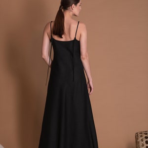 Black Linen Slip Dress in Bias Cut with Spaghetti Straps VERED image 4