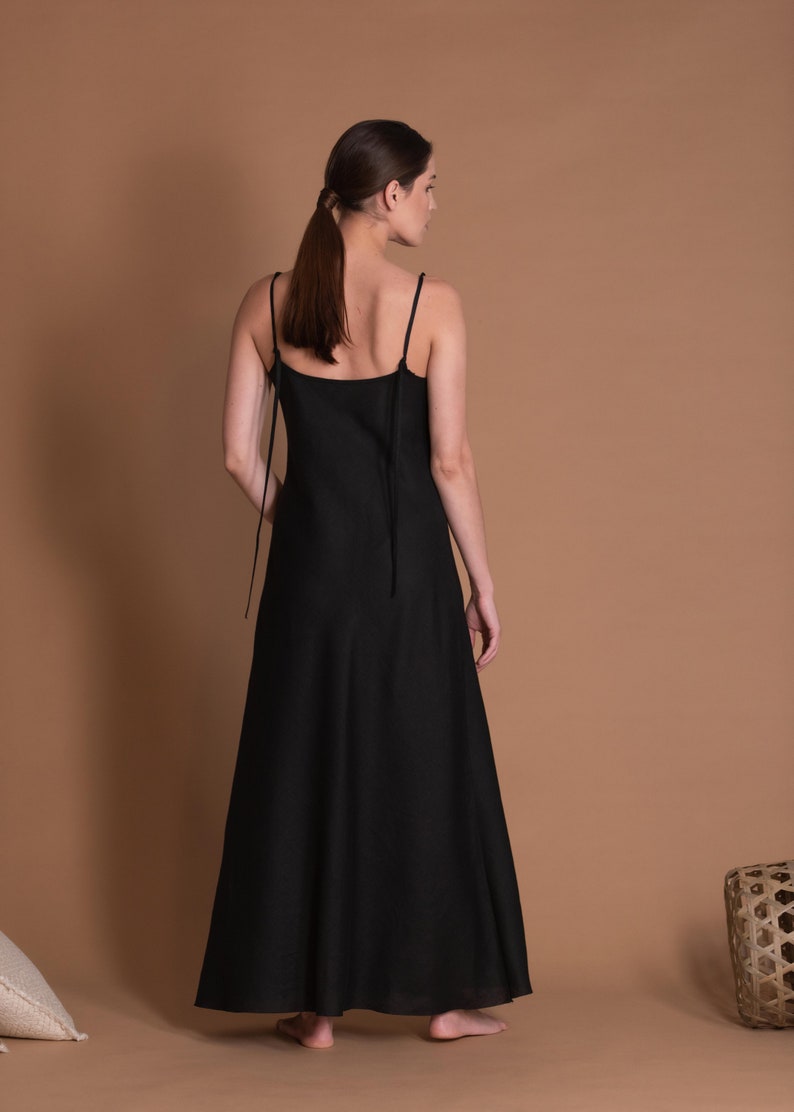 Black Linen Slip Dress in Bias Cut with Spaghetti Straps VERED image 4