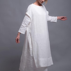 White Linen Tunic Dress, Long Slit Layering Top, Medieval Viking Festival Style image 1