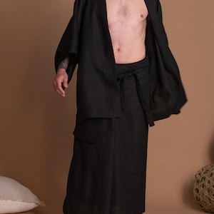 Black Linen Haori Japanese Kimono Jacket for Men image 6