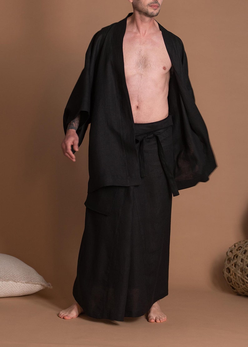 Black Linen Haori Japanese Kimono Jacket for Men image 6