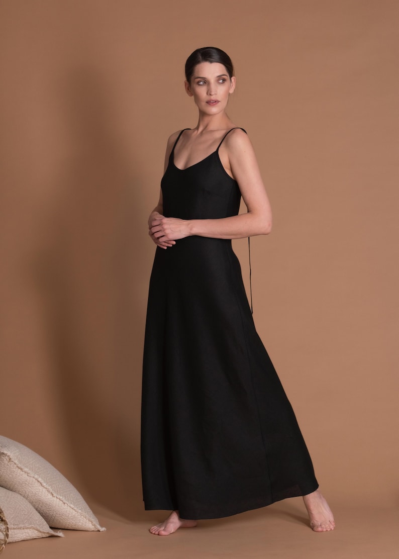 Black Linen Slip Dress in Bias Cut with Spaghetti Straps VERED image 1