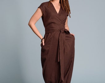 TALISE Dark Brown Linen Wrap Jumpsuit with Wide Harem Pants, Natural Flax Overall, Custom Size Petite Plus Size Women's Flax Linen Clothing