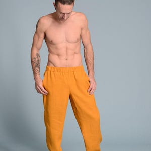 mens linen pants tapered leg side pockets