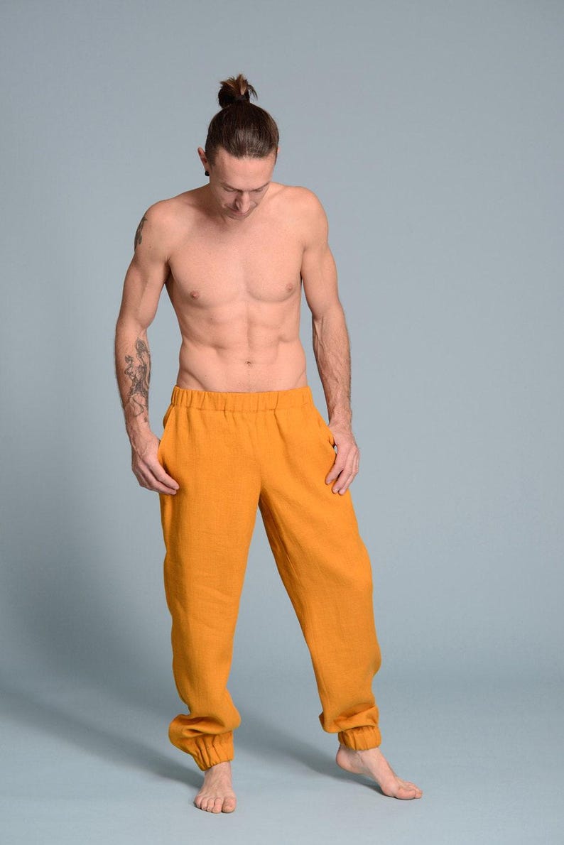 mens linen pants tapered leg side pockets