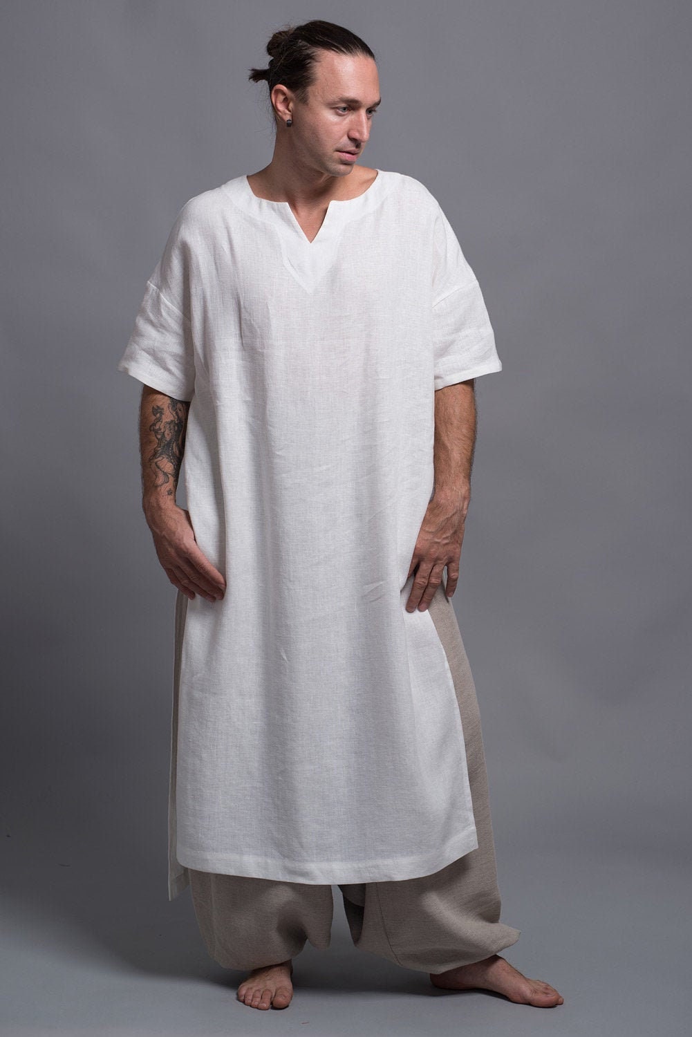 ZIV White Linen Djellaba Men Long Linen Kaftan Festival Mens Tunic ...