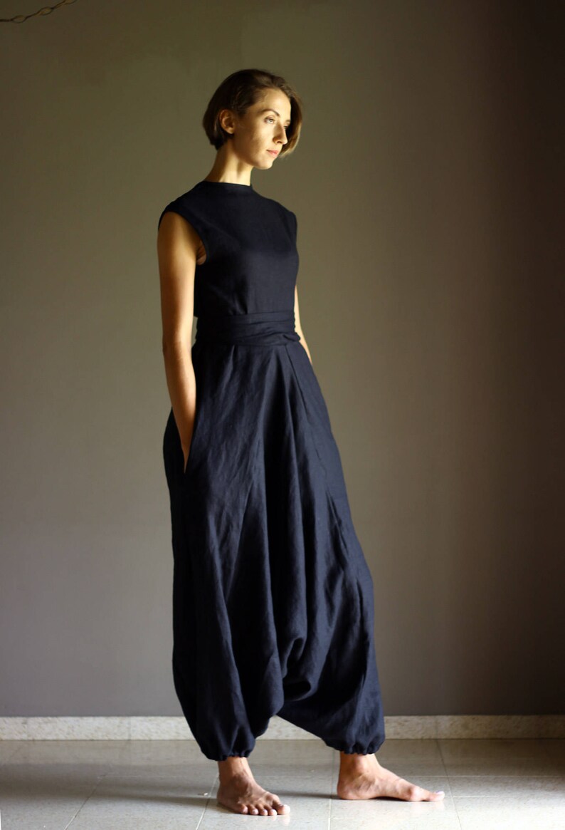Linen Jumpsuit. Wrap Style Black Jumpsuit. Drop Crotch Etsy