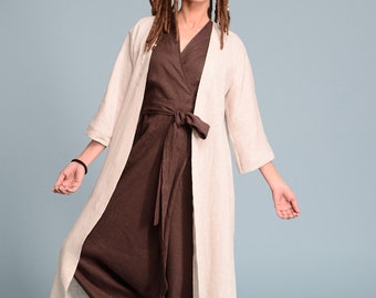 Linen Outfit | 2 items | Linen Jumpsuit & Lightweight Linen Kimono | Regular, Plus Size, Tall - Custom Made Women's Clothes