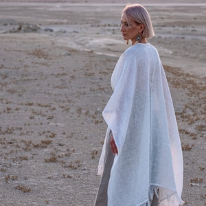 Linen Poncho with Fringe Gender Neutral Adult Clothes Desert Hues: Agender Linen Collection zdjęcie 8