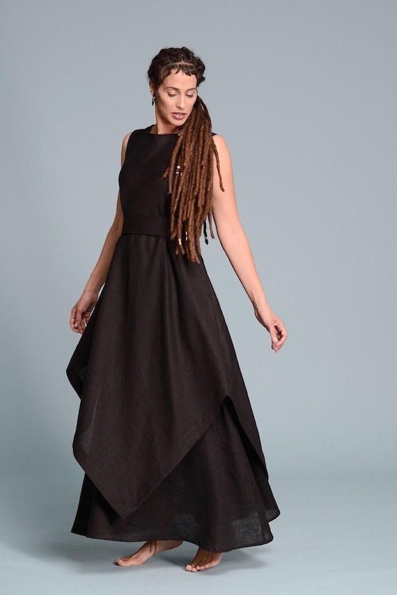 Black Linen Dress for Women, Double Layered Flax Tunic, Sleeveless Minimalist Long Dress, Boho Alternative Wedding Dress, Petite - Plus Size