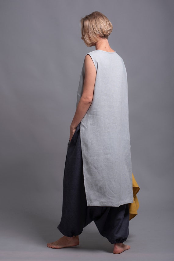 Linen Tunic Top KENI Oversize Loose Fit Sleeveless V Neck | Etsy