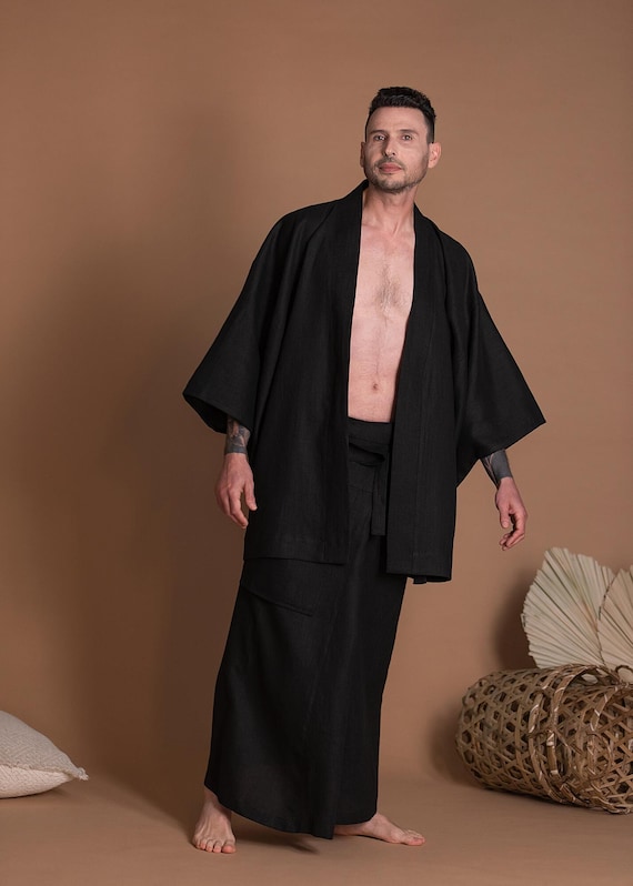 Giacca Kimono giapponese Haori in lino nero per uomo -  Italia