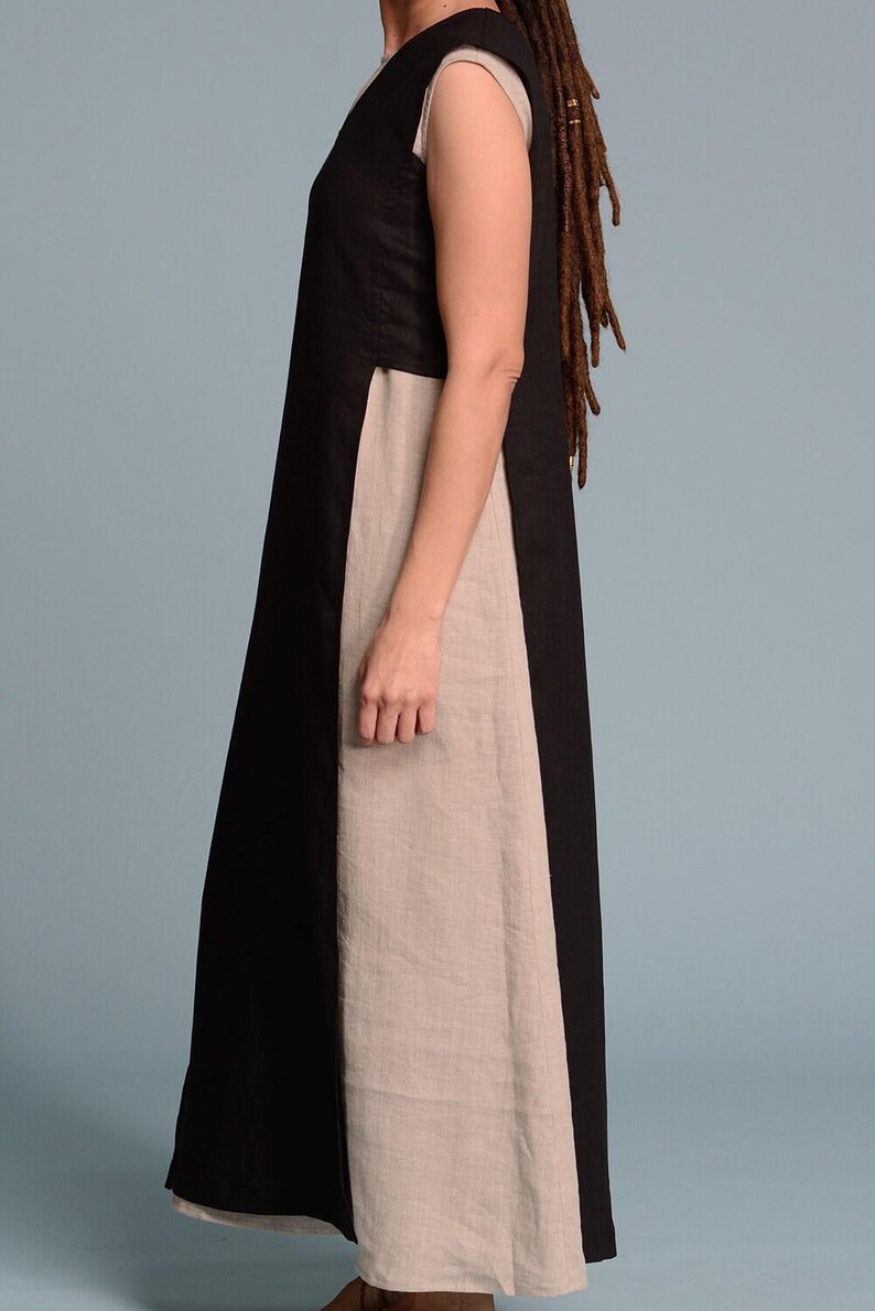 Top tunique en lin noir, col en V sans manches, taille Lagenlook personnalisée image 6