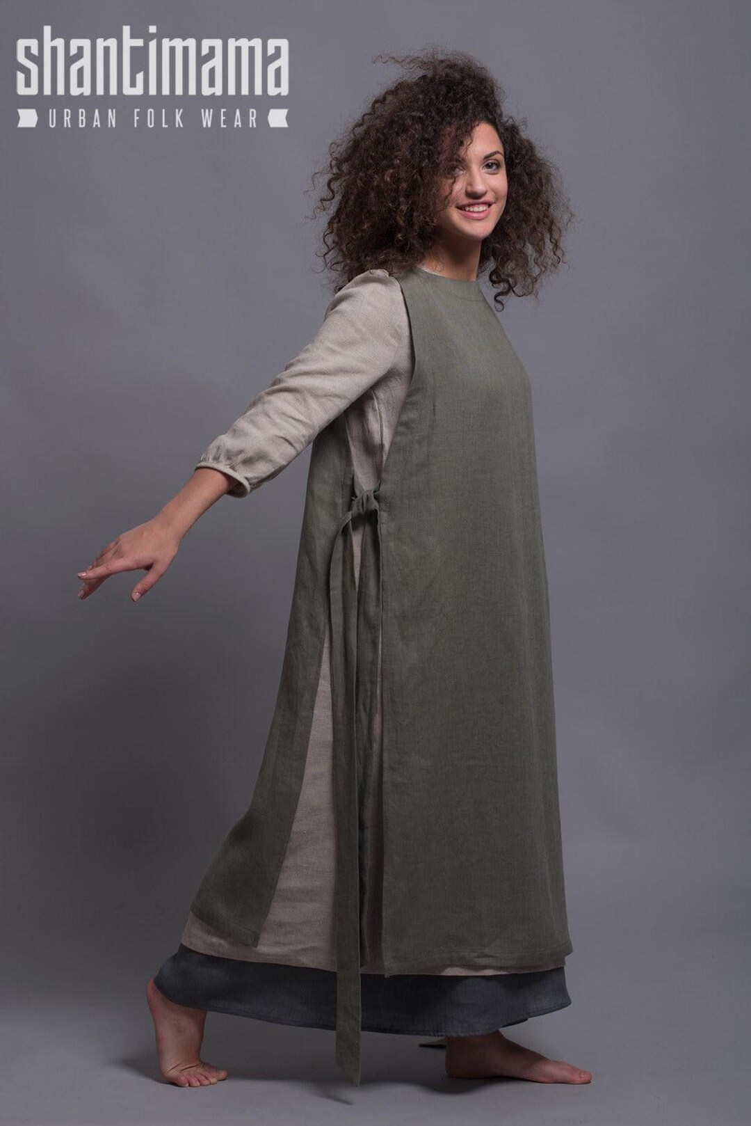 【ito fukuoka】simple linen gown 作家さん Linen Apron Dress LINAS, Long Linen Woman Pinafore Apron
