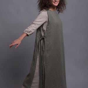 Linen Apron Dress LINAS, Long Linen Woman Pinafore Apron, Loose Linen Tunic Apron, Work dress Plus Size, Japanese Apron Lagenlook Pinafore