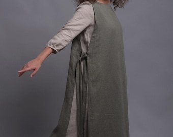Linen Apron Dress, Japanese Pinafore Tunic, Lagenlook Clothing, Custom Size Layering