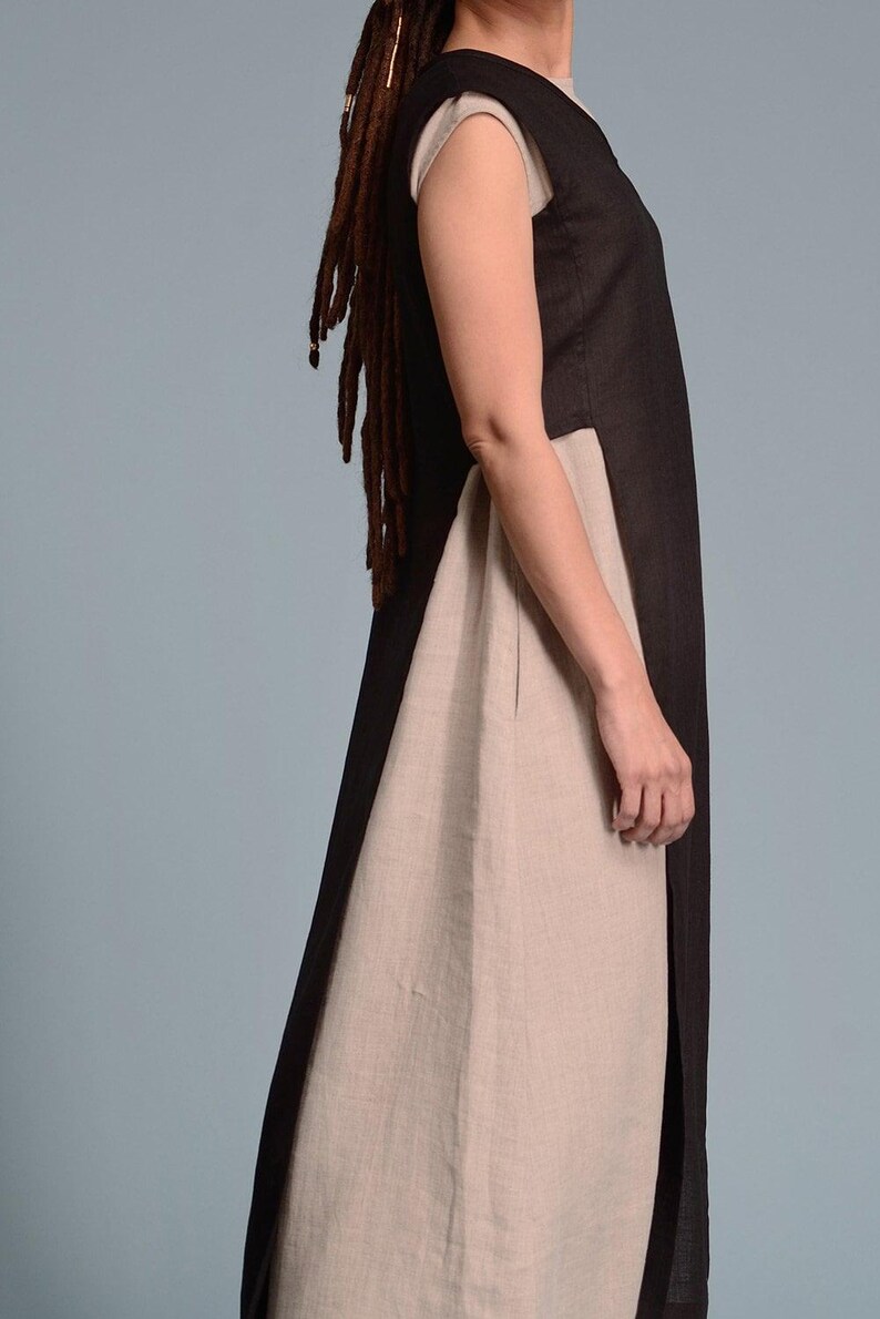 Top tunique en lin noir, col en V sans manches, taille Lagenlook personnalisée image 3
