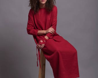 DOR Red Linen Maxi Dress | Long Linen Day Dress Plus Size Kaftan, Bohemian Loose Oversize Caftan Long Sleeves | Custom Made Linen Clothing