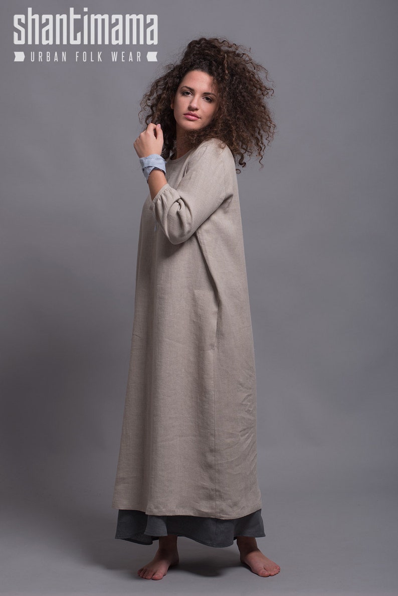 Linen Dress NIKA, Long Washed Linen Dress with sleeves, Lagenlook Rustic style loose fitting linen dress, Petite Plus size Linen Clothes image 2