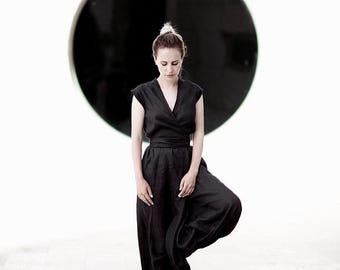 TALISE Black Linen Jumpsuit | Long Harem Overall with Wrap Top | Made-to-Measure Flax Clothing For Women | Big Color Choice of Natural Linen