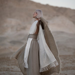 Linen Poncho with Fringe Gender Neutral Adult Clothes Desert Hues: Agender Linen Collection zdjęcie 5