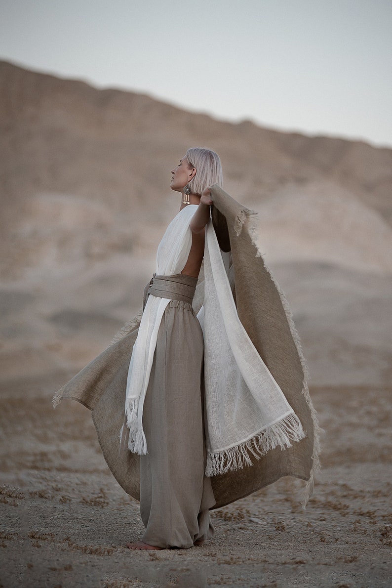 Linen Poncho with Fringe Gender Neutral Adult Clothes Desert Hues: Agender Linen Collection zdjęcie 5