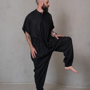 mens black linen romper with side pockets