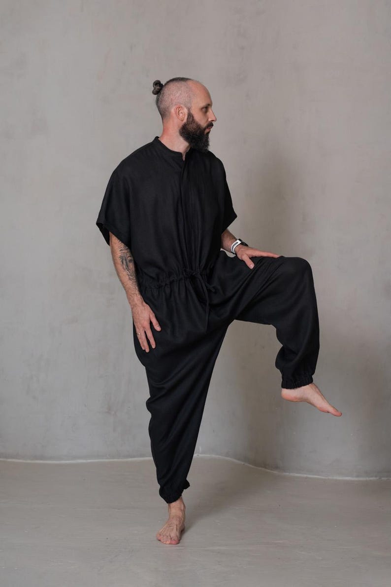 mens black linen romper with side pockets