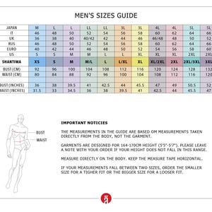 The image is a guide for men's sizes, providing measurements and corresponding bust, waist, and hip measurements for various countries and styles.