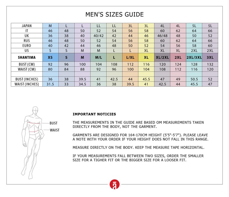 The image is a guide for men's sizes, providing measurements and corresponding bust, waist, and hip measurements for various countries and styles.