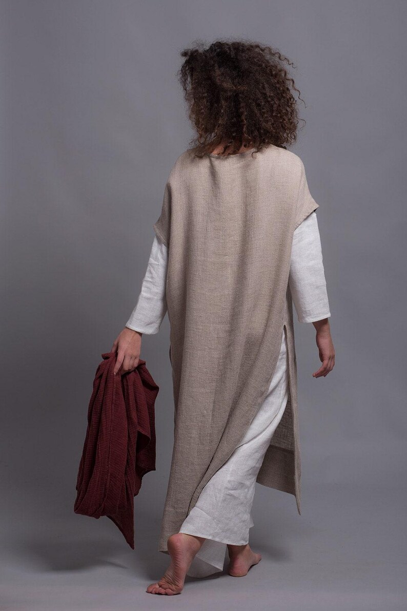 White Linen Tunic Dress, Long Slit Layering Top, Medieval Viking Festival Style image 9