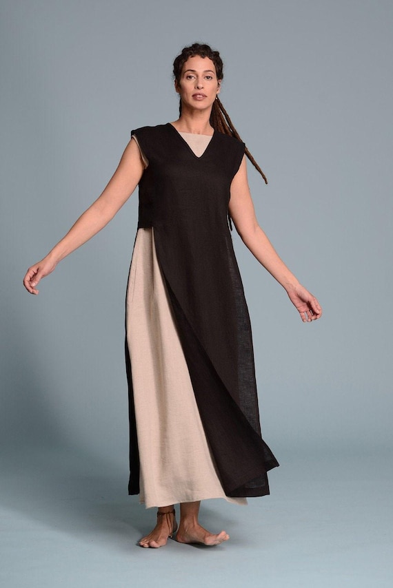 TEVA Lightweight Black Linen Tunic Top for Hot Summer, Lagenlook Women's Long Front Crop Side Top, Custom Size Petit Plus Size Flax Clothes