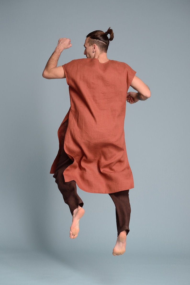 SANGA Men's Long Linen Tunic High Slits Loose Flax - Etsy