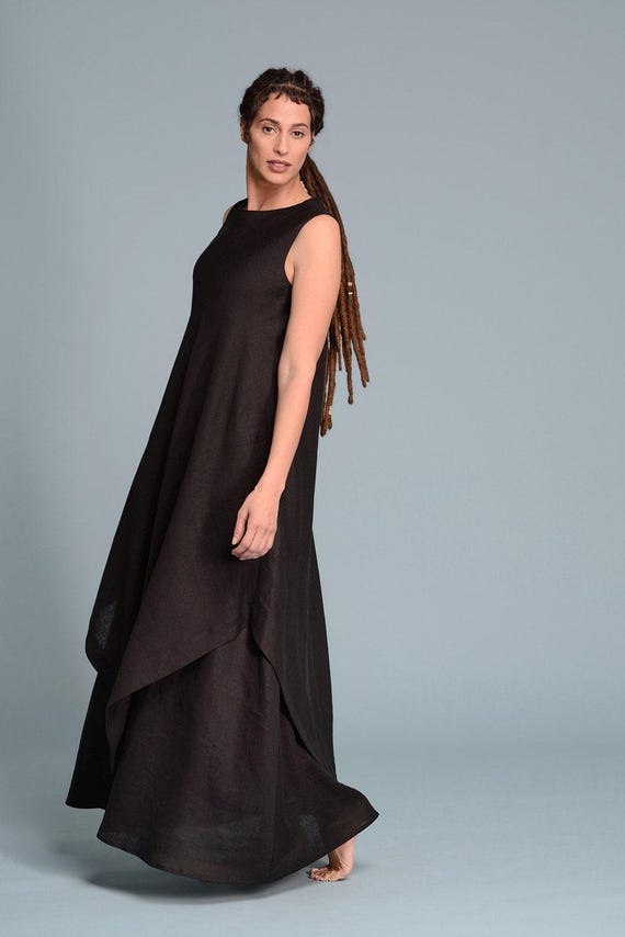 Black Linen Dress for Women, Double Layered Flax Tunic, Sleeveless Minimalist Long Dress, Boho Alternative Wedding Dress, Petite - Plus Size