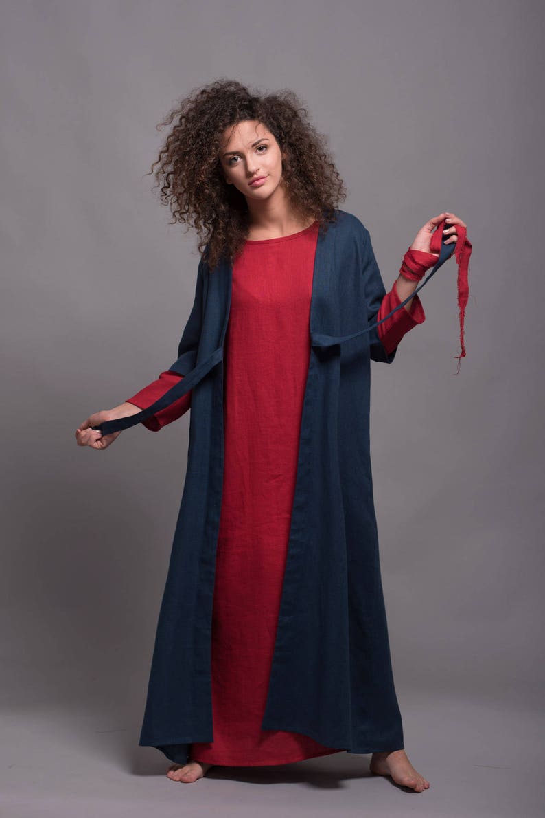 Outfit 2 pieces URSA Long Linen Open Front Caftan & DOR Minimalist Loose Linen Maxi Dress Long Sleeves Custom Made Flax Linen Clothing image 2