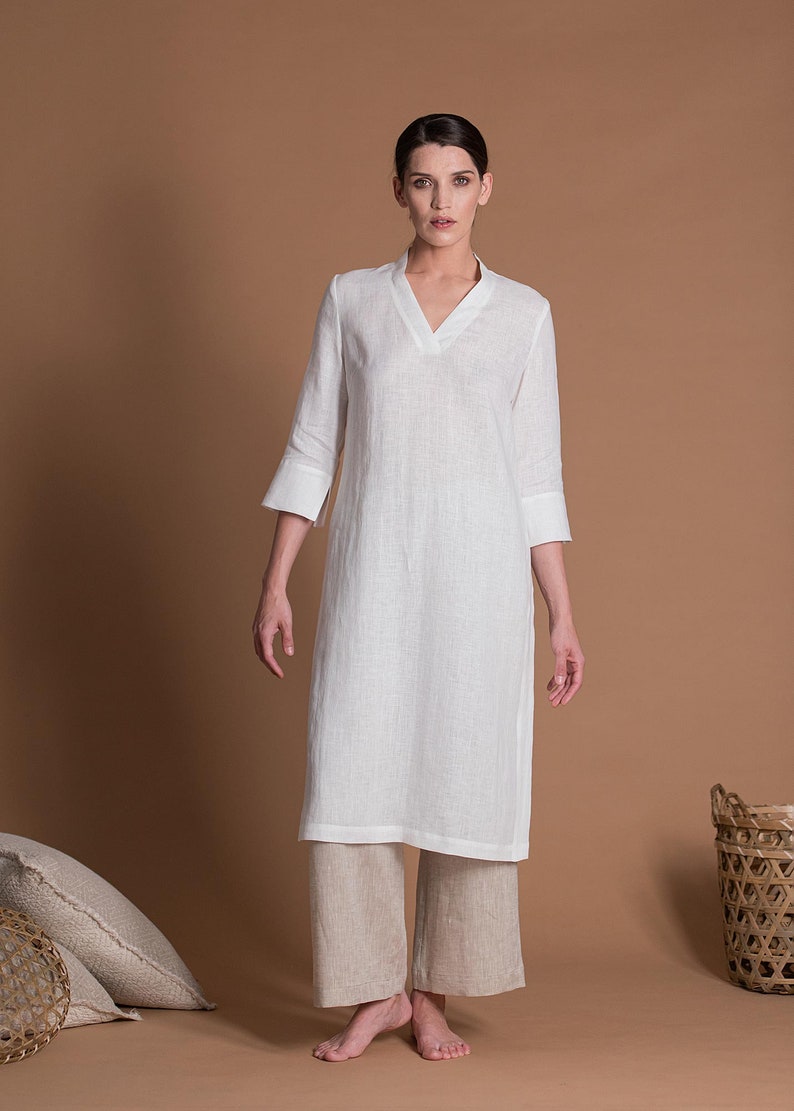 Linen Outfit 2 items Linen Tunic Kurti & Linen Wide Leg Pants Regular, Plus Size, Tall Custom Made Women's Clothes image 6