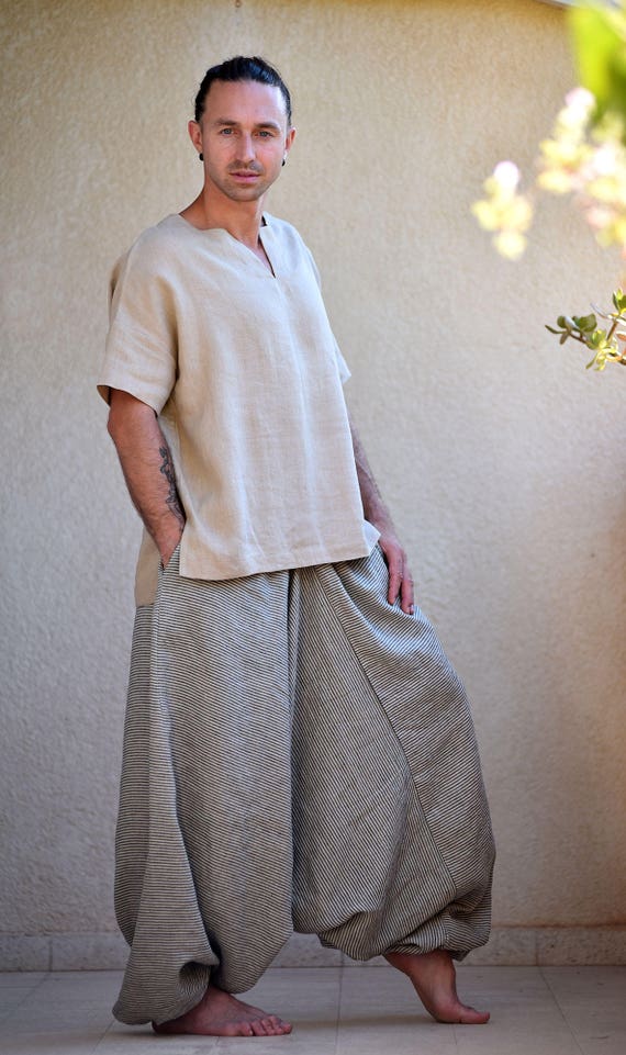 Striped Linen Sarouel Homme, Men's Flax Harem Pants, Drop Crotch