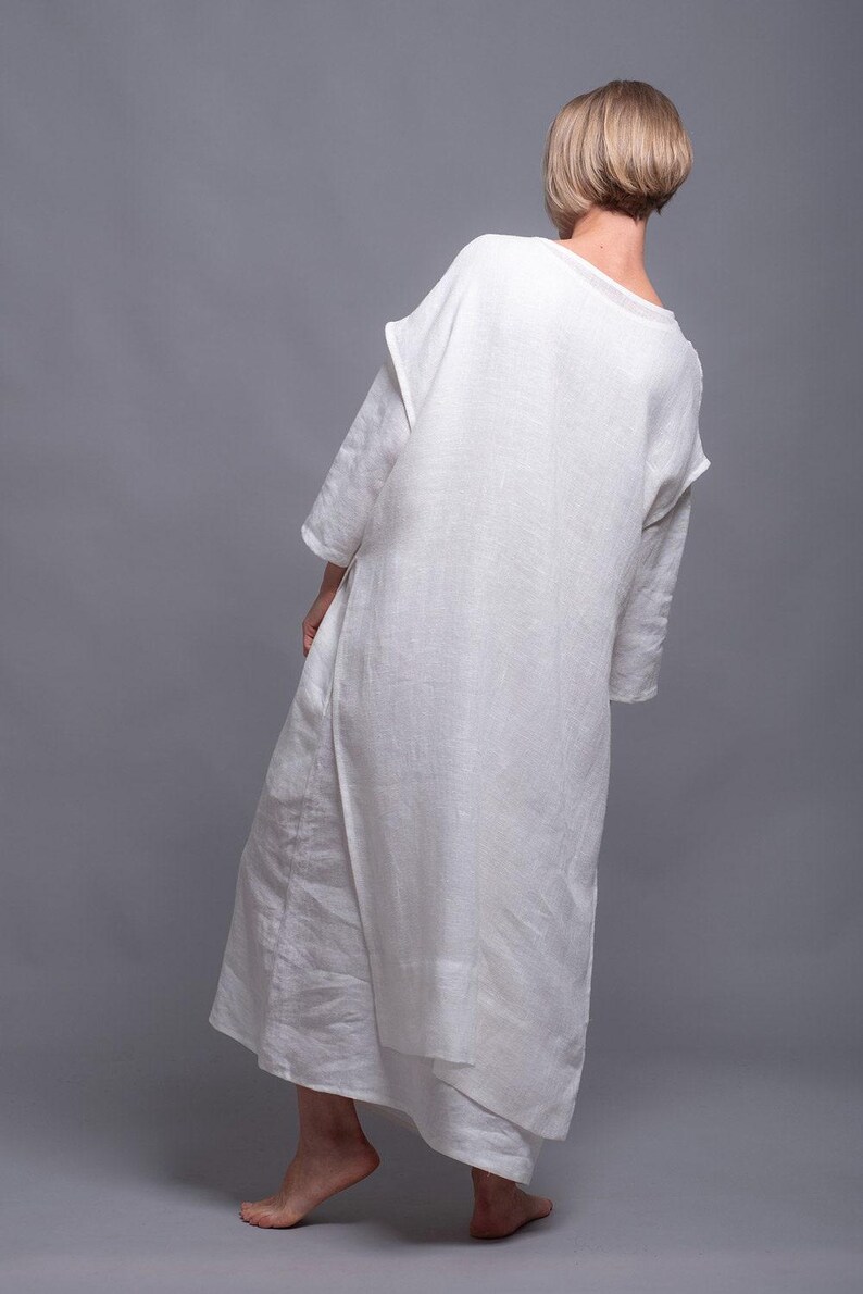 White Linen Tunic Dress, Long Slit Layering Top, Medieval Viking Festival Style image 3