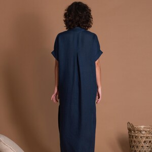 Blue Linen Maxi Dress, V-Neck Summer Kaftan with Pockets image 4