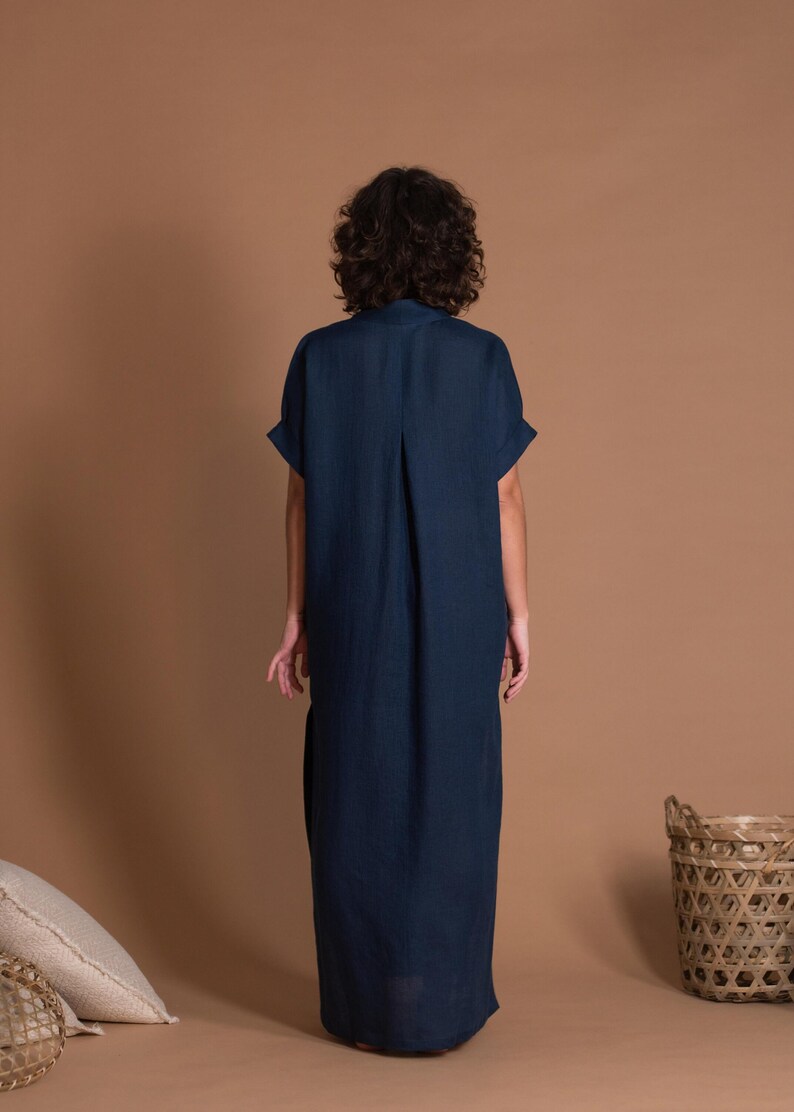 Blue Linen Maxi Dress, V-Neck Summer Kaftan with Pockets image 4