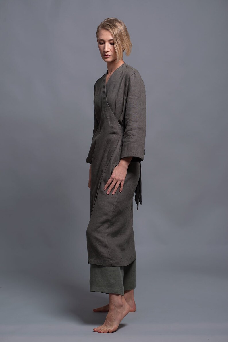 Linen Wrap Kimono Dress ADAME, Washed Linen Cardigan, Long Jacket, Ladies Flax Coat, Long sleeve, Side Pockets, Petit Plus Size, 31 colors image 1