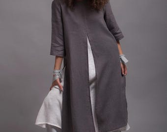Linen Tunic for Women, Gray Loose-fit Casual A-Line Flax Dress, Lagenlook Minimalist Clothing, Relaxed Summer Wear, Petite Plus Size Option