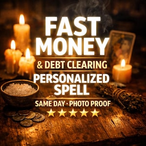 May include: An image showing lit candles, a bowl of salt, coins, and a bundle of herbs on a wooden surface. Text overlay reads "FAST MONEY & DEBT CLEARING PERSONALIZED SPELL" with "SAME DAY • PHOTO PROOF" below. Five gold stars are at the bottom.