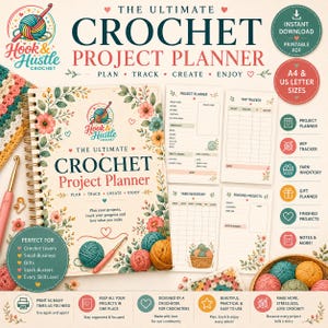 Könnte beinhalten: Ein spiralgebundener Häkelprojektplaner mit floralem Einband und dem Text The Ultimate Crochet Project Planner. Enthält druckbare Seiten für Projektverfolgung, Garninventar und fertige Projekte sowie Symbole für A4- und US-Letter-Formate.
