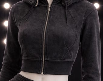 Y2K Cropped Zip Up Hoodie, Vintage Washed Black Hoodie, Fitted Cropped Jacket, Streetwear Loungewear