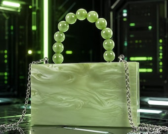 Y2K Acryl-Box-Handtasche | Futuristische Marmor Abendtasche | Perlen Griff Statement Handtasche