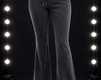 Y2K Flare Sweatpants, Vintage Washed Black Bell Bottom Joggers, Low Rise Lounge Pants, Soft Girl Streetwear